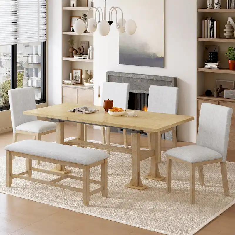 6-Piece Farmhouse Extendable Dining Set with Leaf & Bench