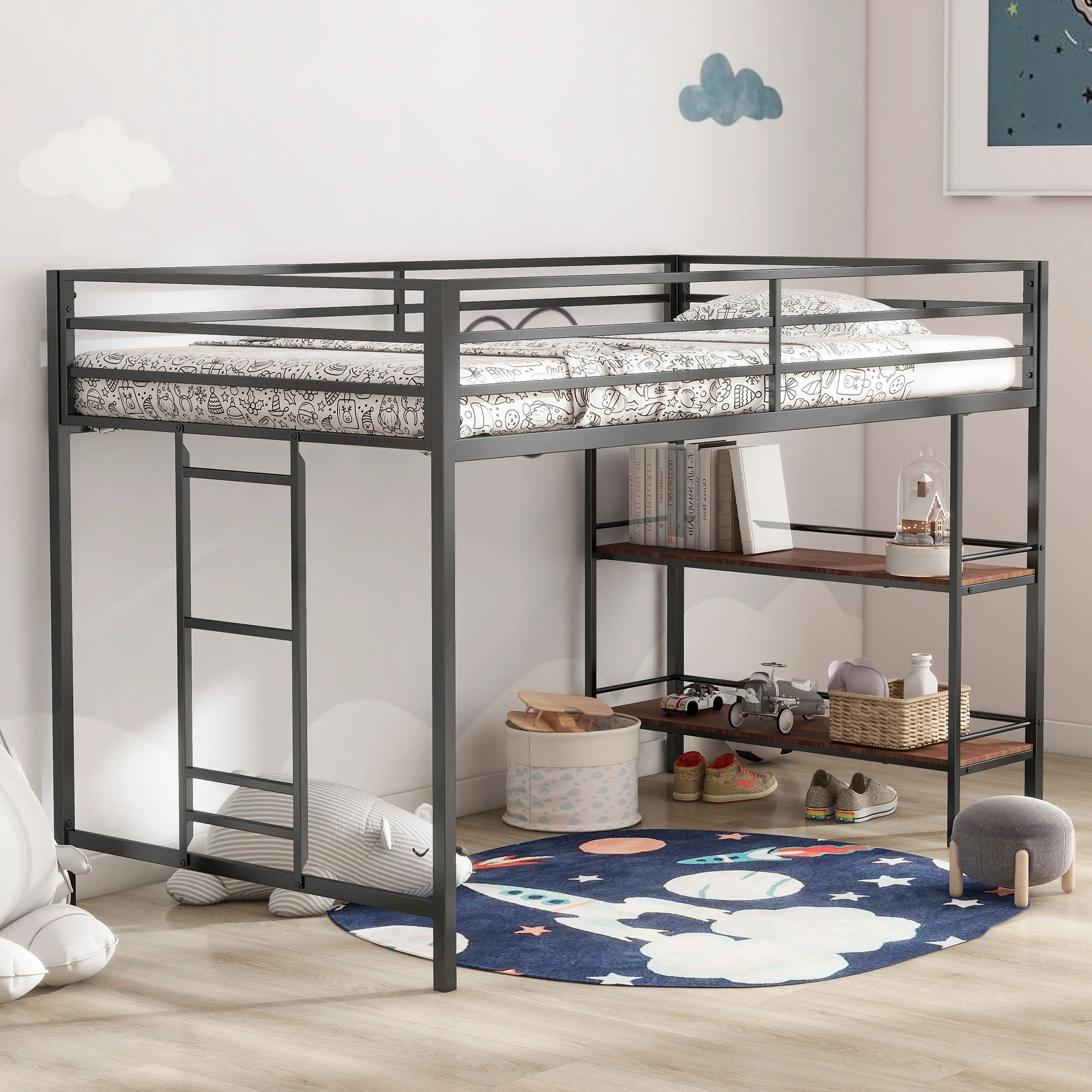 Walker Edison | Sturdy Junior Twin Loft Bunk Bed black with Wood Shelf