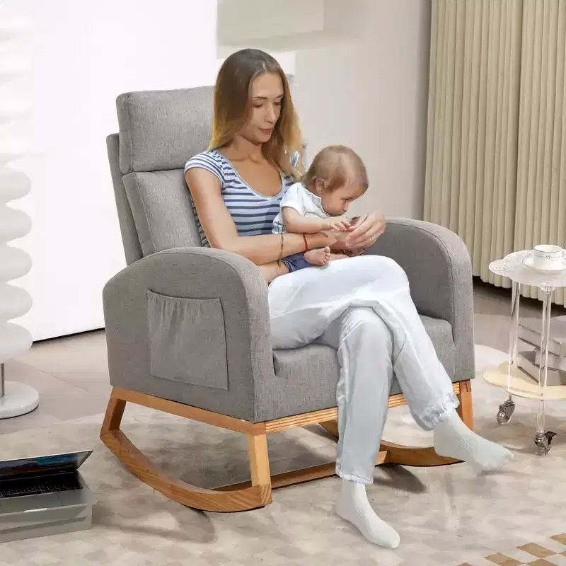 Rocking Chair Nursery, Upholstered Glider Chair with Side Pocket, High Back Comfy Accent Chair with Rubber Wood Legs for Bedroom Living Room
