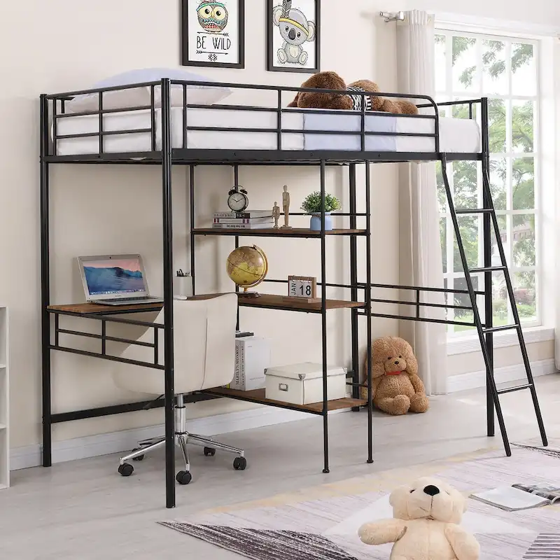 Twin Size Metal Loft Bed and Built-in Desk and Shelves,White