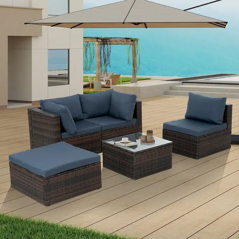 5-Piece PE Rattan Wicker Patio Conversation Set with Cushions
