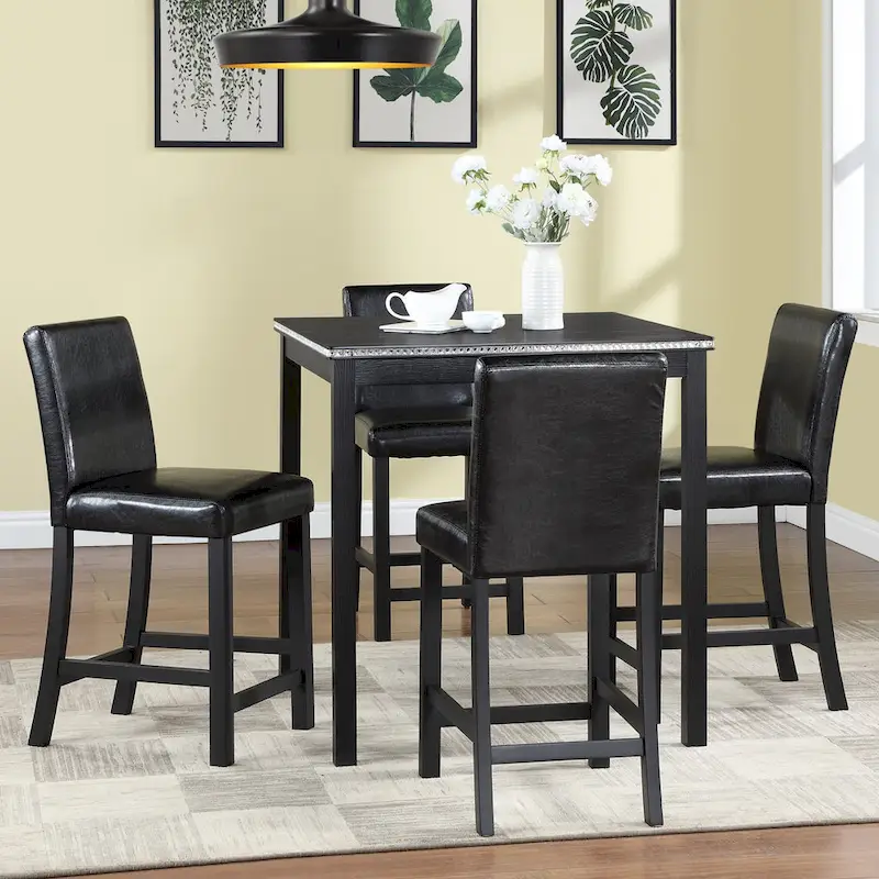 5 Piece Counter Height Table Set, Wooden Kitchen Table Set with Square Table and 4 Upholstered Chairs