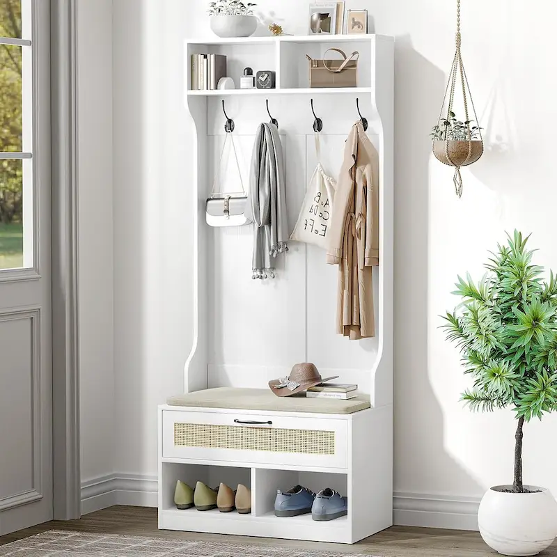Hall Tree with Storage Bench & Coat Rack – White / Black, 4 Hooks & 6 Compartments, Single