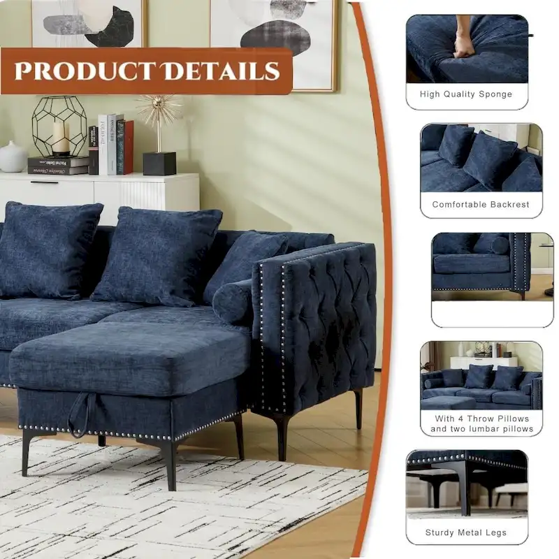 Modern Convertible Tufted Chenille L Shaped Sectional Sofa