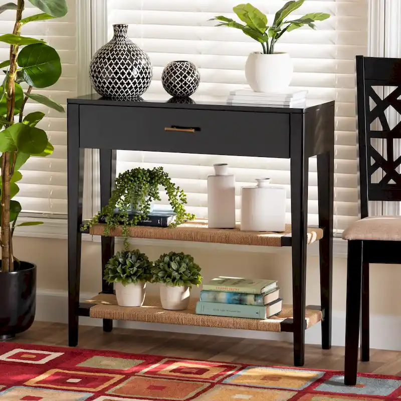 Freya Modern Bohemian Bayur Wood 1-Drawer Console Table-Black