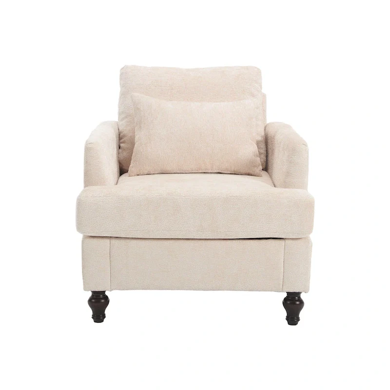 Beige 29.53 Chenille Upholstered Arm Chair with Solid Wood Frame and Cushions
