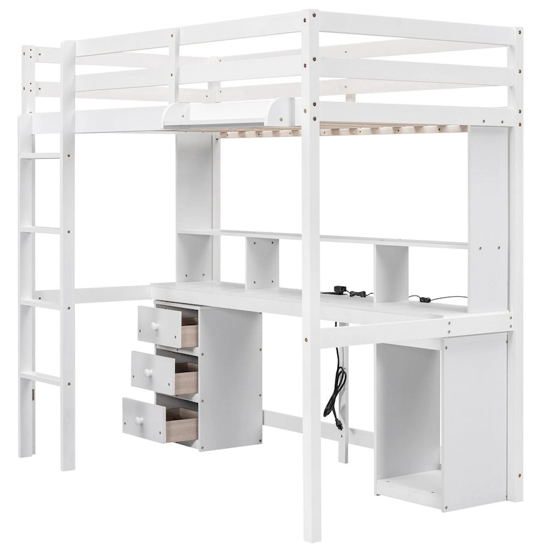 Twin/Full Size Loft Bed with Multi-storage Desk, LED light and Bedside Tray, Charging Station, White