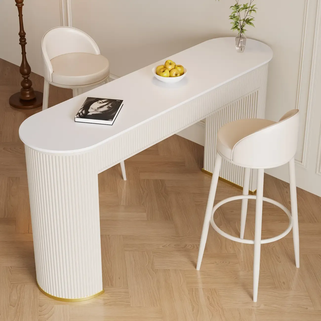 Modern White Stone Oblong Ribbed Iron Dual-Base Bar Tables