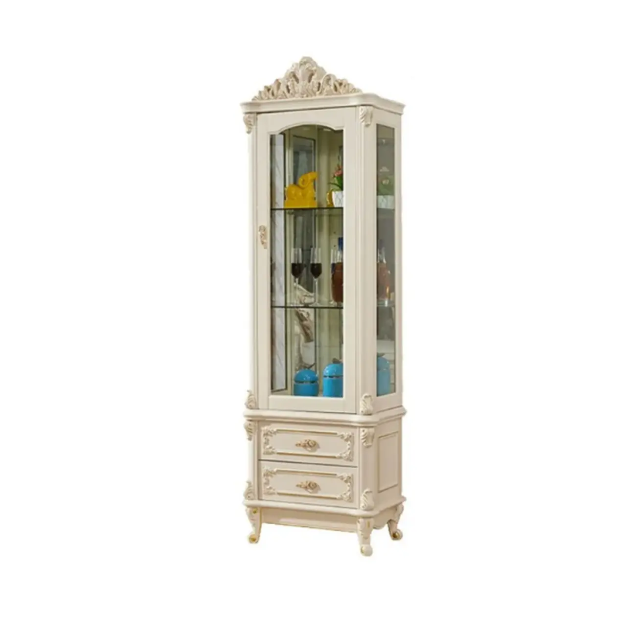Glam White Wooden Glass Curio Cabinet with Drawers