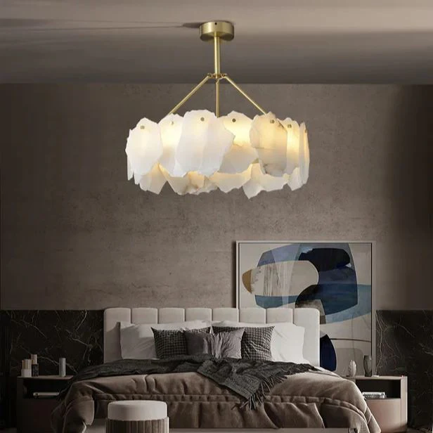 Brass Downrod Circular White Alabaster Chandelier