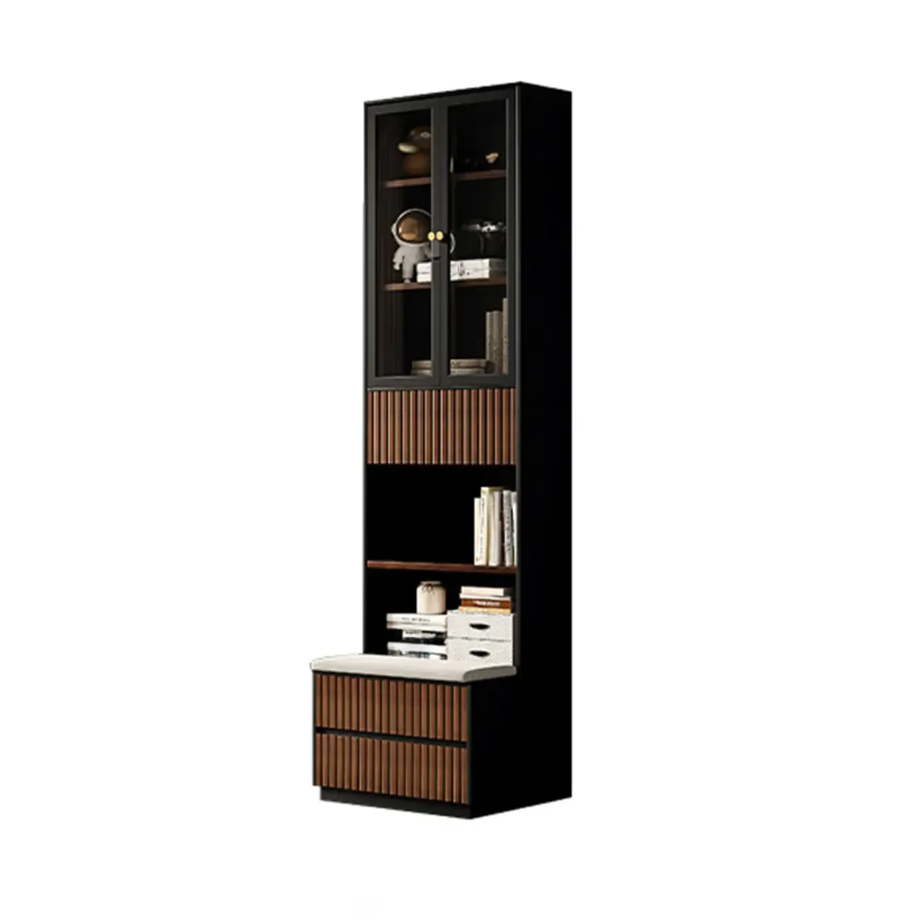 Tall French Country Display Wooden Bookcase with Cushioned Bench