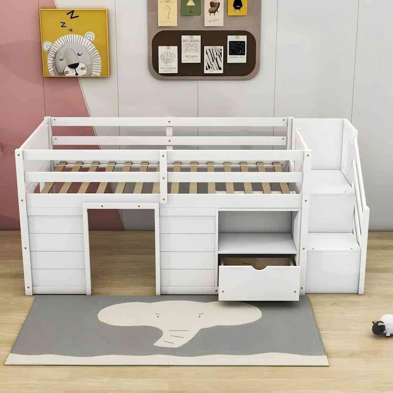 Solid Wood Low Loft Bed With Drawer and Stair,Twin Szie