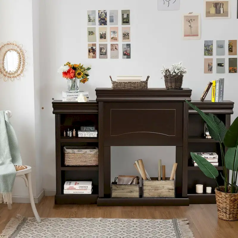 70-Inch Brown Media Entertainment Center with Bookcase and Fireplace Cabinet - 70 x 11x 45(L x W x H)