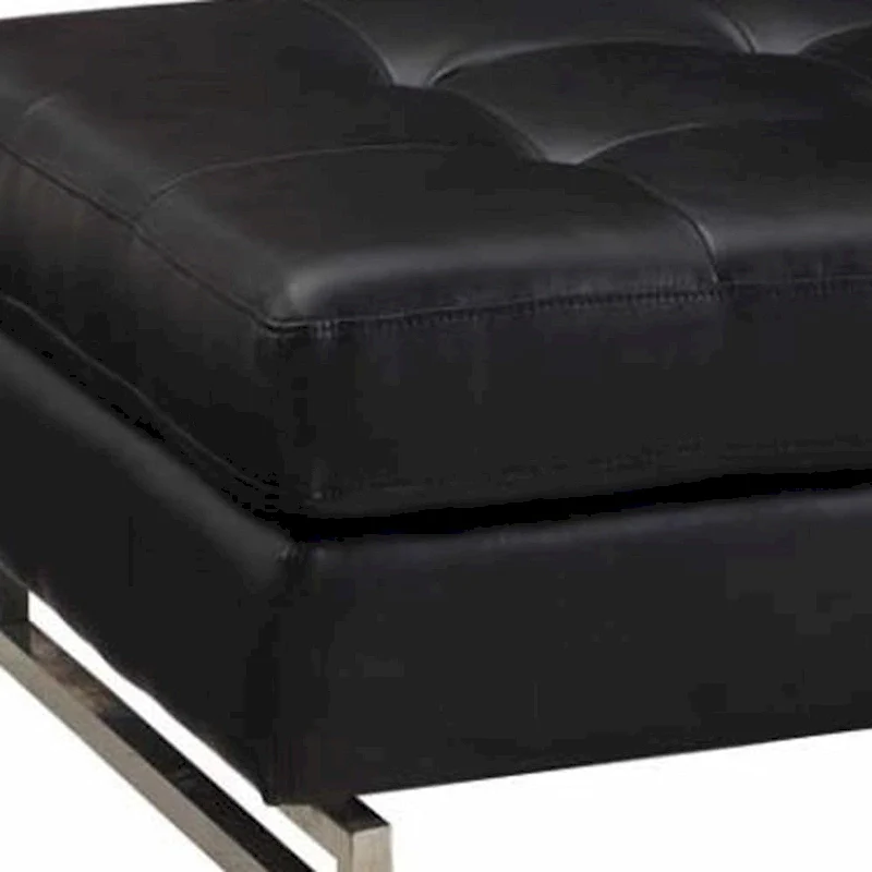 HomeRoots 63 Black Tufted Faux Leather and Silver Ottoman