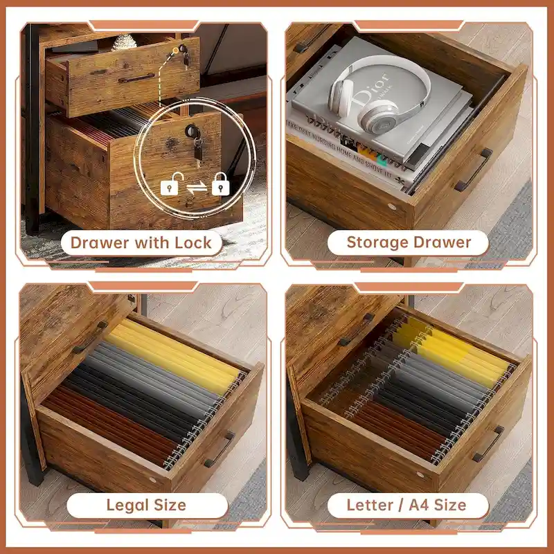 LED Computer Desk With Lock Drawers Keyboard Tray Power Outlet