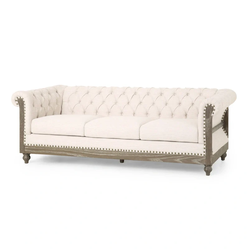 Beige Chesterfield Button Tufted 3-seater Sofa with Wood Legs