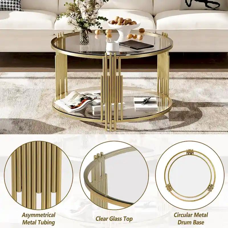 31.5 Tempered Glass Coffee Table with Asymmetrical Metal Design and Lower Shelf