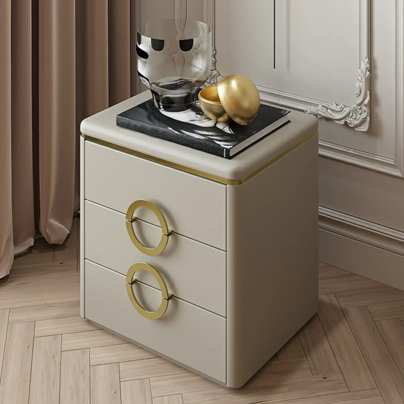 Elegant Faux Leather Metal Accent 3 Drawers Nightstand