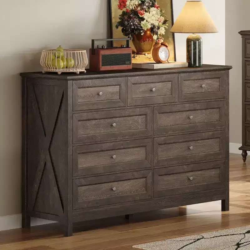 Okak Modern 9 Drawers Rustic Bedroom Dressers with Silver Handle,Minimalist Wooden Dresser,Chest of Drawers for Bedroom,Entryway