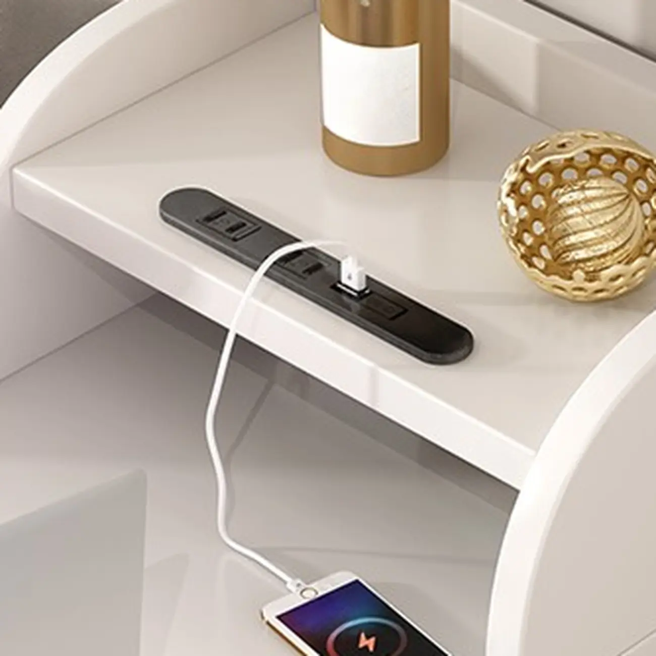 Narrow Rolling White 2-Drawer End Table with USB Charge