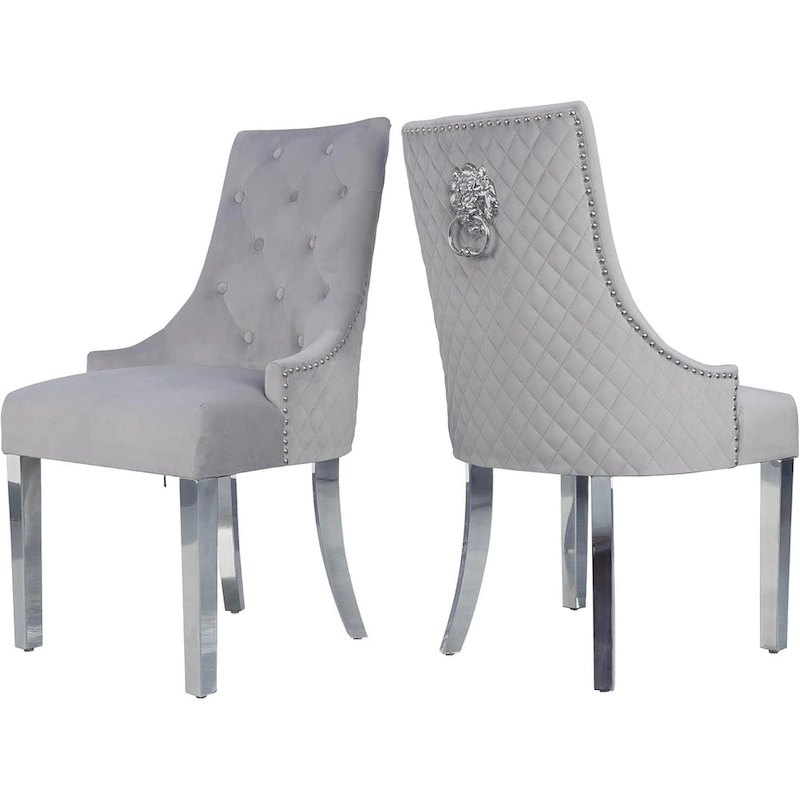 Velvet Dining Chairs Set of 2, Upholstered Tufted Nailhead Dining Room Chairs with Stainless Steel Legs & Lion Head Pull Ring