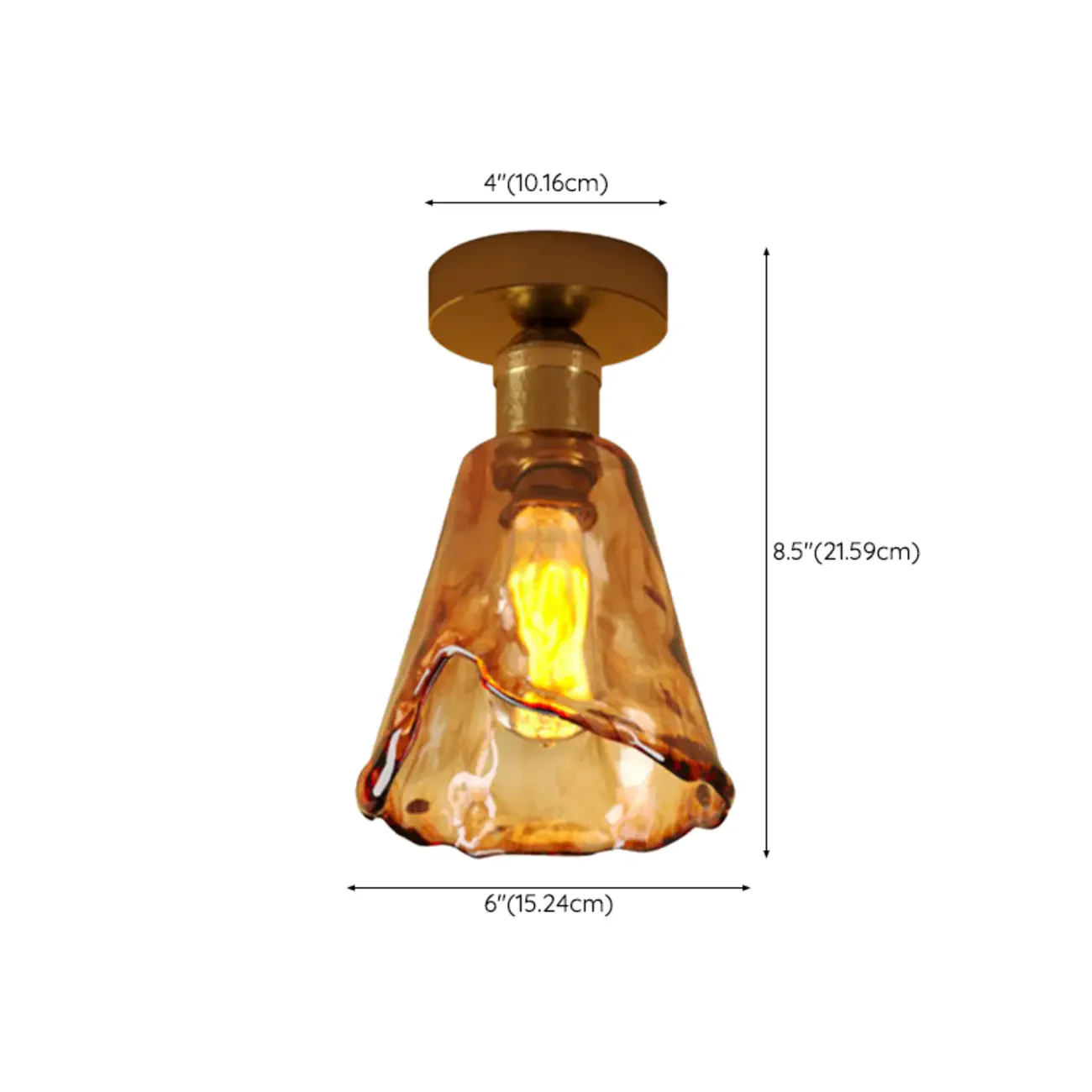 Modern Brass Amber Glass Cone Semi Flush Ceiling Light