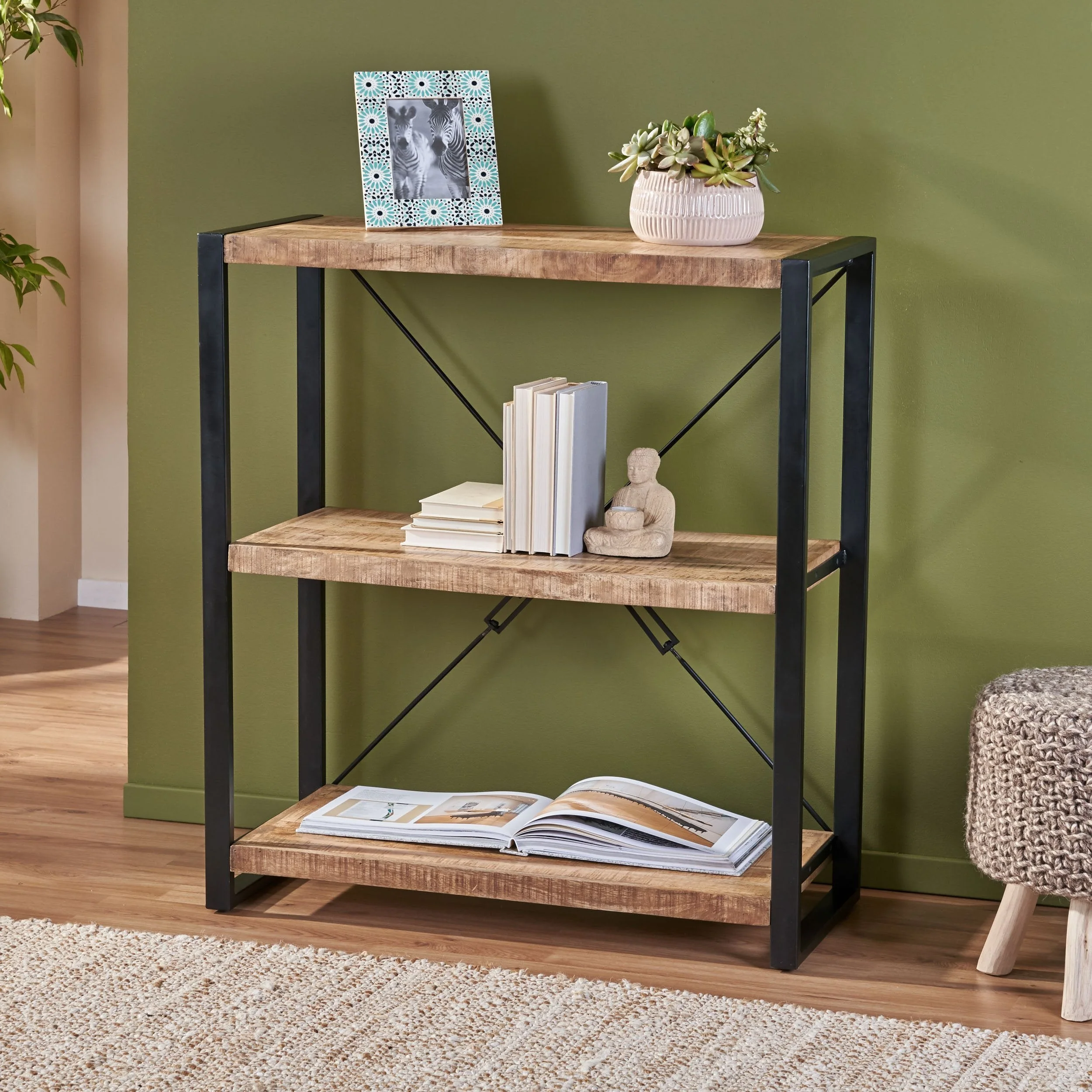 Modern Industrial Handcrafted 3 Shelf Mango Wood Shelving Unit, Natural and Black - NH623413