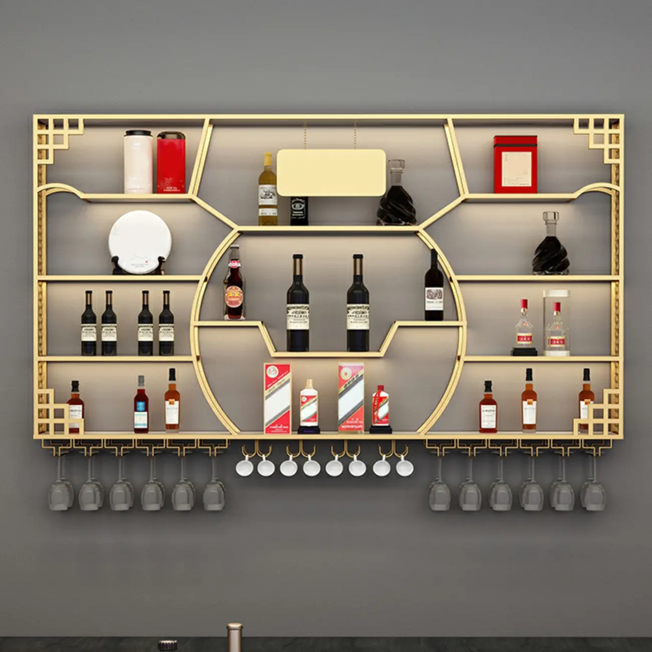 Multi-Shelf Gold Metal Wall-Mounted Wine & Glass Rack
