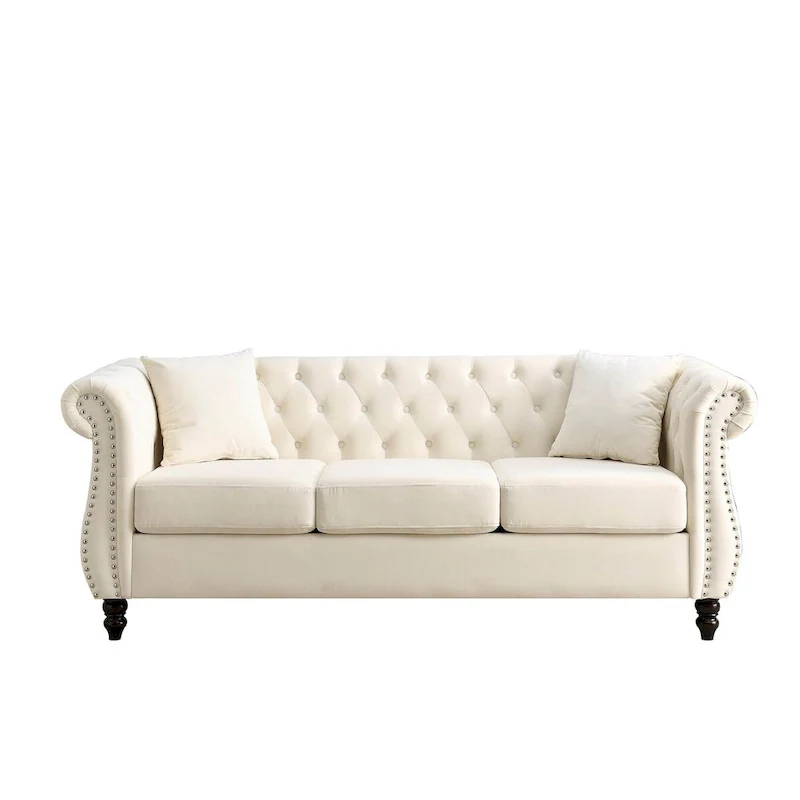 Beige Velvet Chesterfield 3 Seater Sofa, Rolled Arms, Nailhead Trim