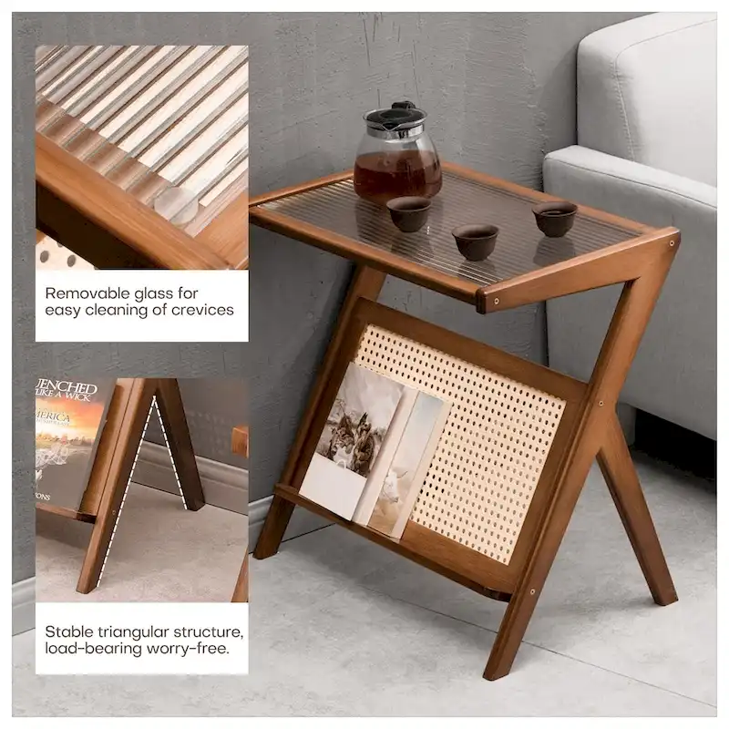 Bamboo Glass Top Side Table Accent End Table with Magazine Rack