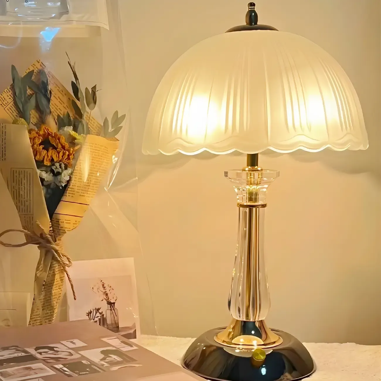 Elegant White Glass Metal Umbrella-Shaped Table Lamp