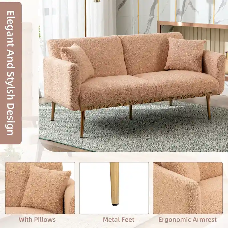 Teddy Fabric Upholstered Tufted Loveseats Sleeper Sofa With Rose Golden Legs