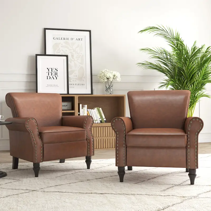 PU Leather Accent Chair, Brown/Black/Grey, Rolled Arms, Nailhead Trim, Set of 2, Seats 2