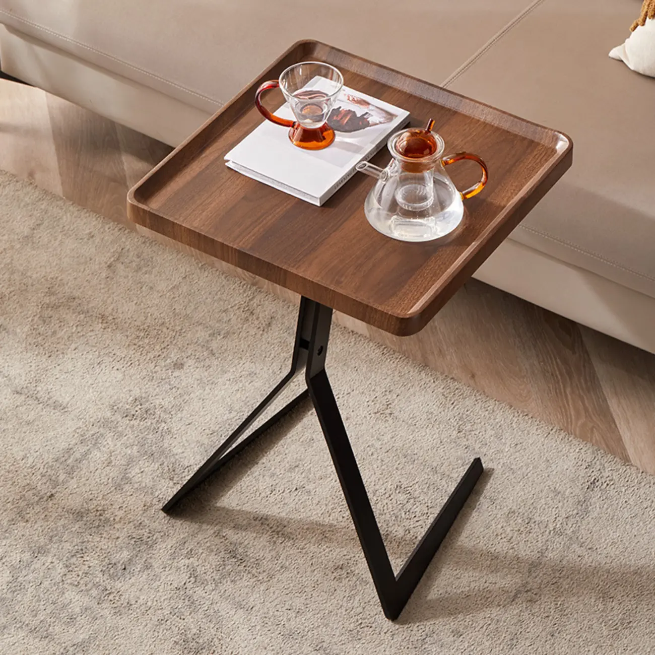 C-Shpaed Brown Wood Round Side Table with Metal Legs