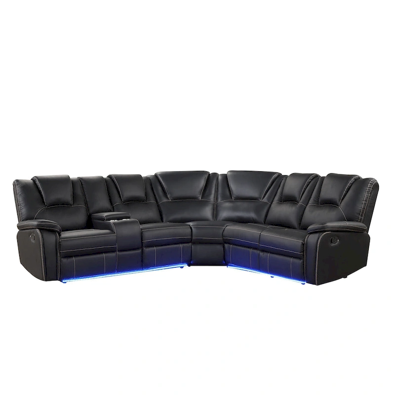 Modern Faux Leather Manual Reclining with Center Console with LED Light Strip,Living Room Furniture Set,PU Symmetrical Couch