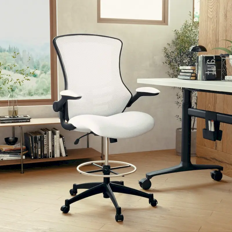 Mid-Back Ergonomic Drafting Chair with Adjustable Foot Ring and Flip-Up Arms