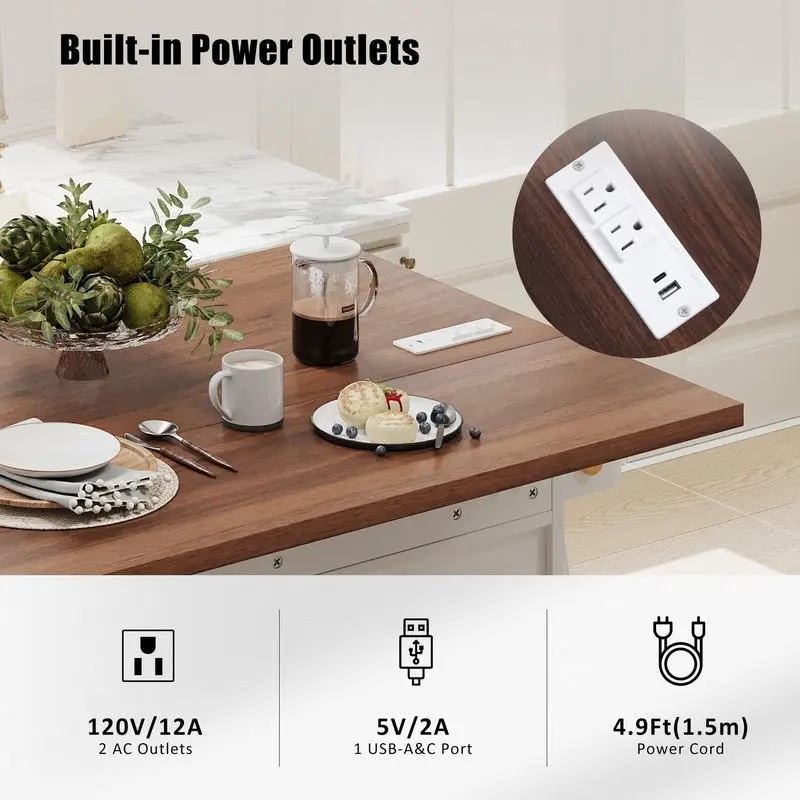 Farmhouse 46.5 Kitchen Island with Power Outlet, Rolling Kitchen Cart on Wheels with Drop Leaf