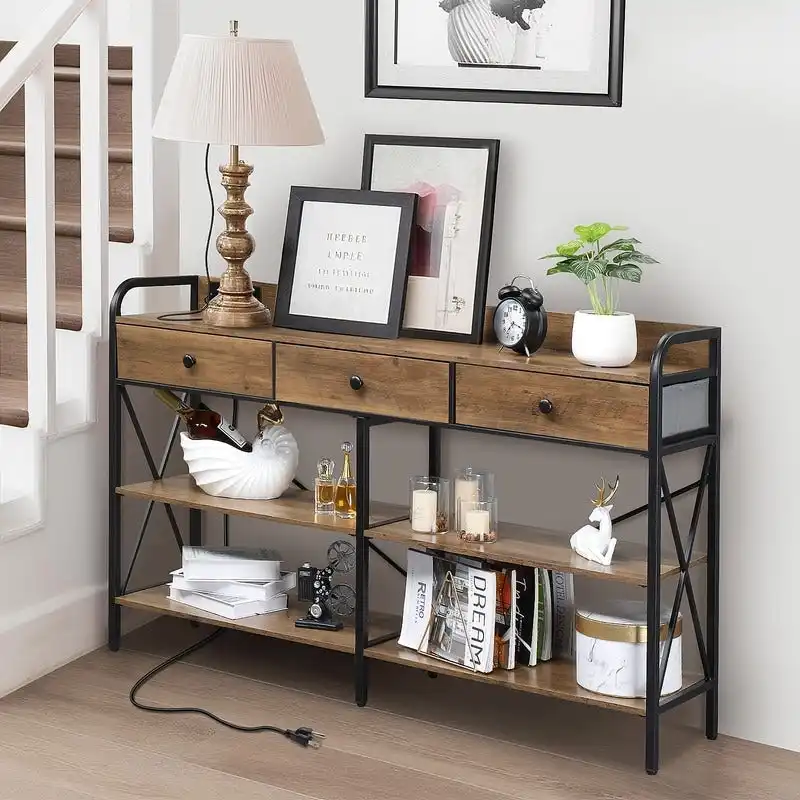 Console Table with Outlets and USB Ports, Narrow Entryway Table with 3-Drawer