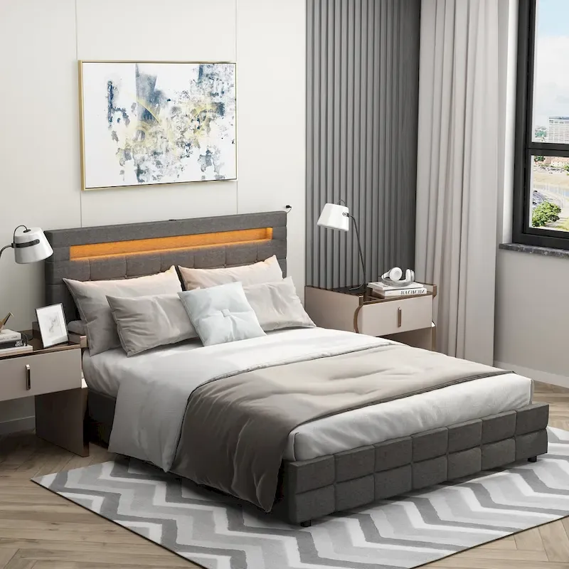 Grey Queen LED Upholstered Platform Bed with Storage Drawers, 2-Person