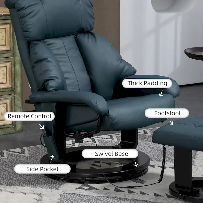 HOMCOM Massage Recliner Chair with Ottoman, 360 Swivel Recliner and Footstool, PU Leather Reclining Chair, Gray