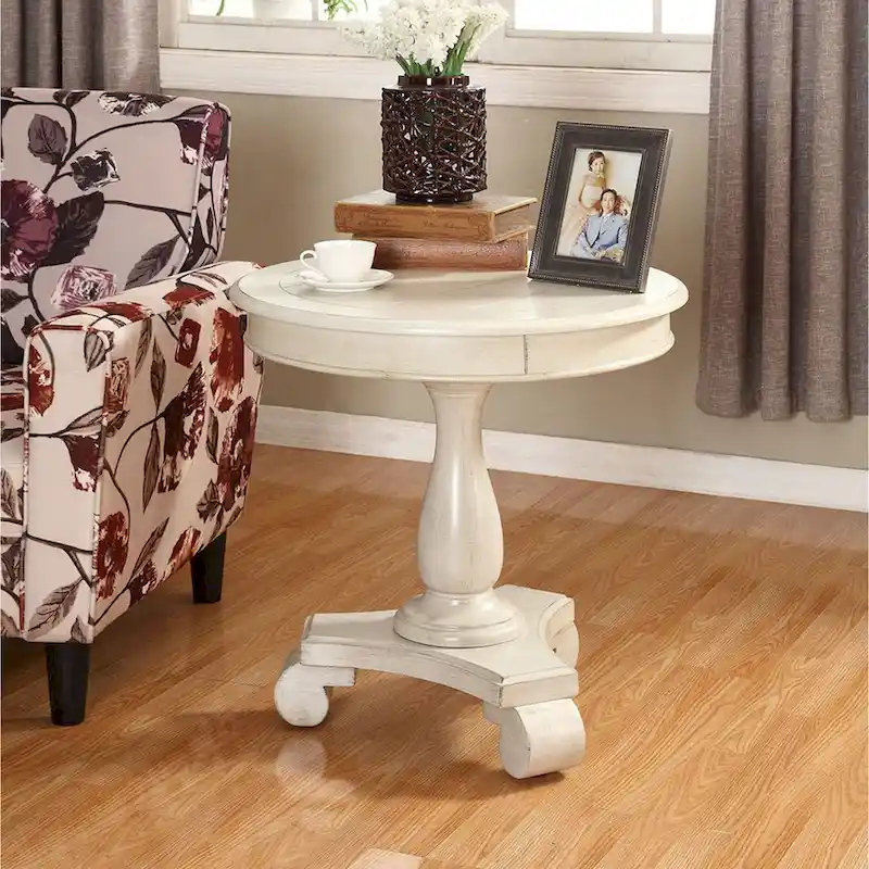 Rene Round Wood Pedestal End Table with Scrolled Legs