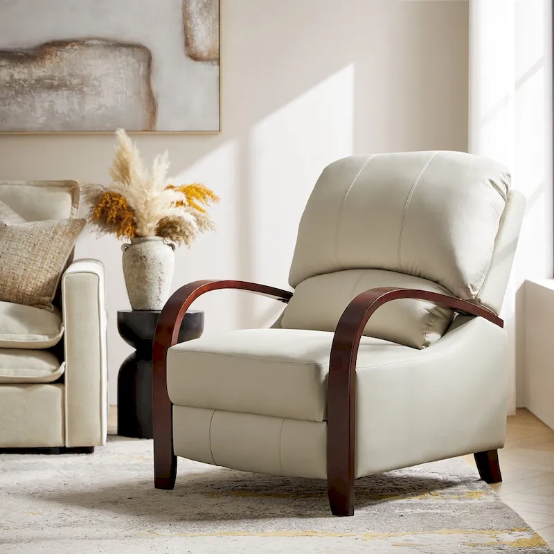 Alex Mid-century Modern Cigar Genuine Leather Manual Recliner with Wooden Curved Arms