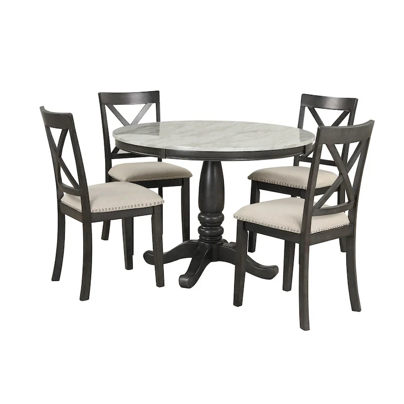 Modern Style Wooden 5-Piece Dining Set with Round Table amd 4 Upholstered Chairs