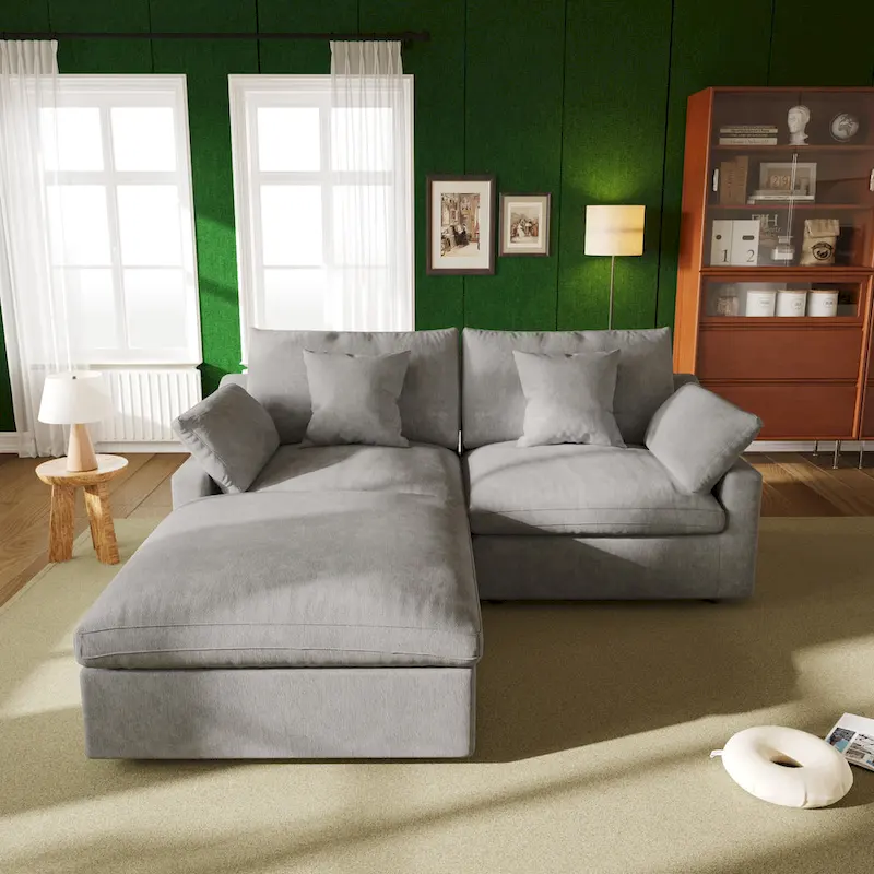 82.68 Down Filled Sectional Couch L-shape Linen Upholstered Loveseat with Ottoman