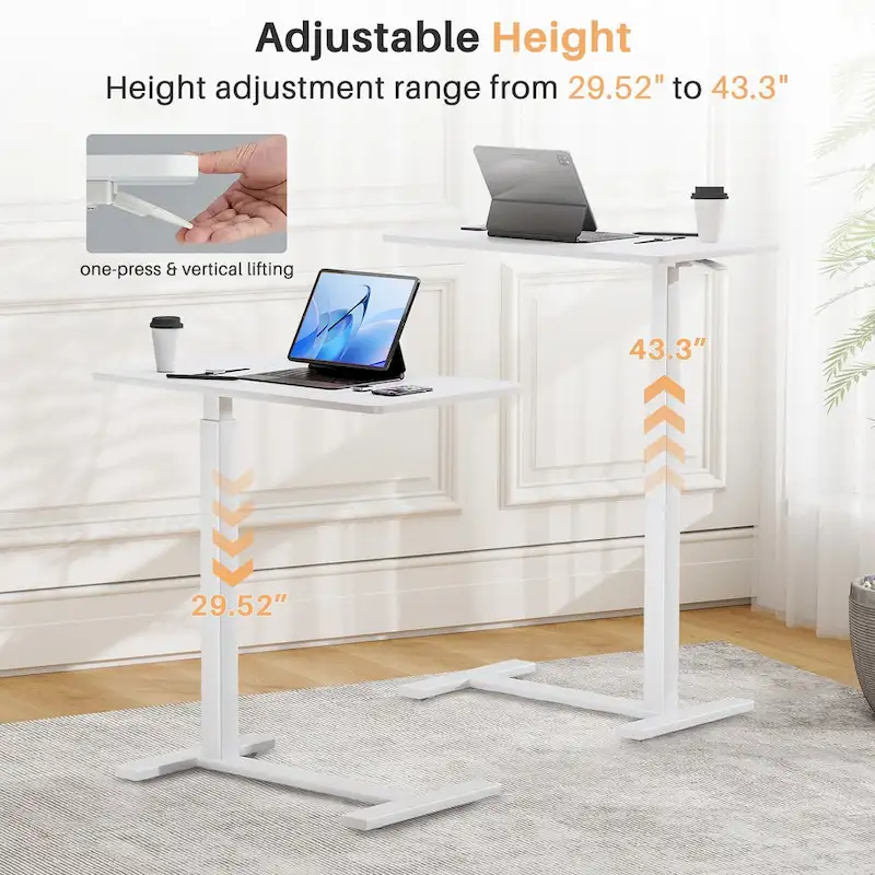 27.56 in. White Laptop Desk with Wheels, Adjustable Height Overbed Bedside Table Mobile Standing Desk