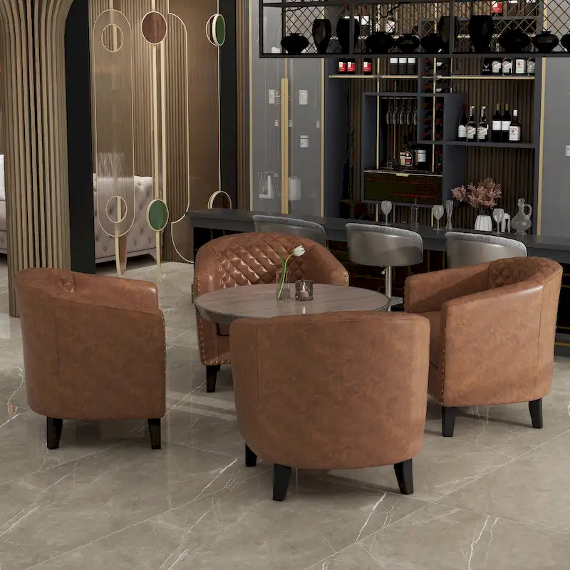 Axia 4 Set Modern Faux Leather Barrel Accent Chair with Wood Legs