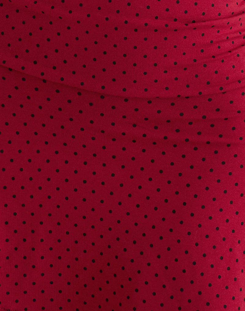 Luscian Plunge Mini Dress in Red with Black Micro Polka Print