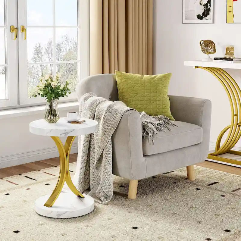 Modern Gold Round End Side Table with Faux White Marble Top and Gold Metal Frame