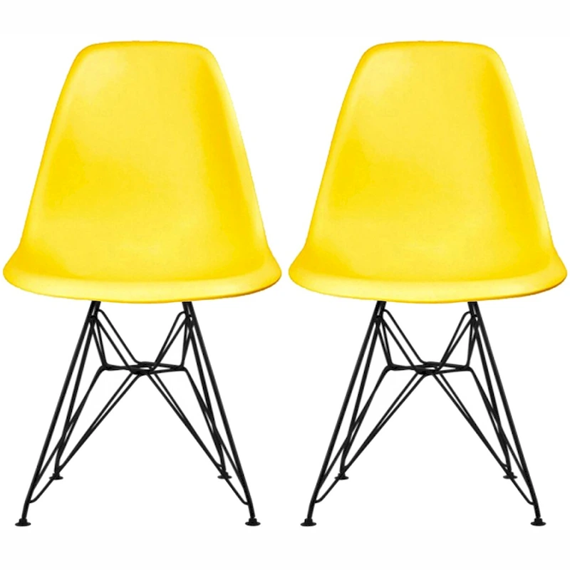 Set of 2 Mid-Century Modern Dining Side Chairs Armless Plastic Shell Seat with Black Metal Wire Eiffel Base, White