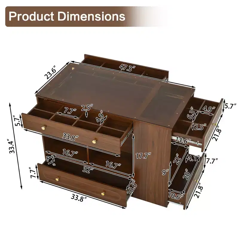 Whisen Closet Island with 6 Drawers, Glass Display Top and Open Shelves, Compartments